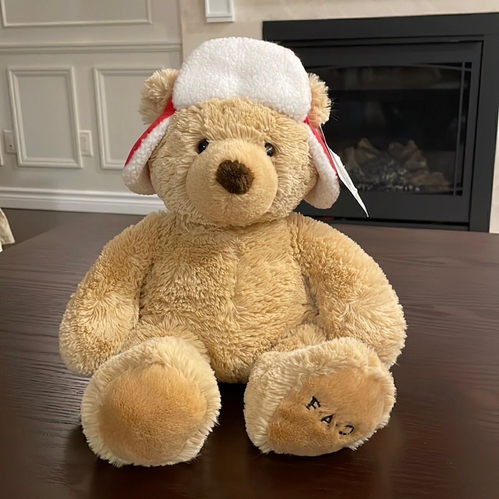 F.A.O. Schwarz Boy Bear with Red Winter Hat Collectable NWT 17” long Excellent …